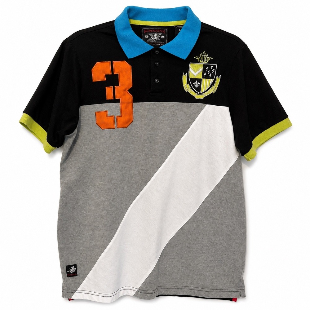 Winchester Mens Colorblock Polo Shirt Black Grey Crest Logo Size M RN 146649